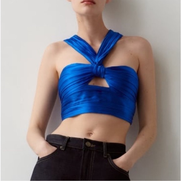 4/$20 Zara pleated cropped key hole knot blouse metallic royal blue- BNWT - Picture 2 of 8